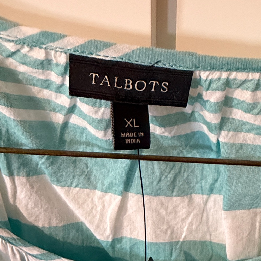 NWT Talbots Turquoise and White Striped Peasant Top with beaded Panel - Picture 2 of 8
